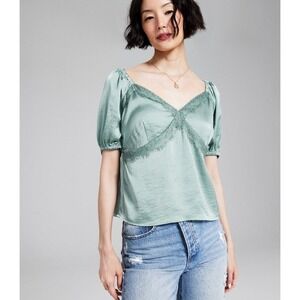 AND NOW THIS Lace Trim Top Puff Sleeve Sweetheart Neck Satin Blouse Green Size S